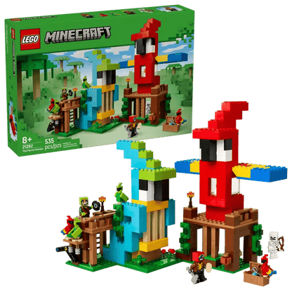 Jungle-Playset mit roten und blauen Papageien auf braunen Bäumen, inkl. Minifiguren