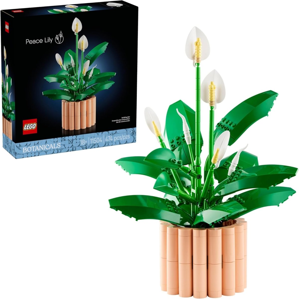 LEGO Botanicals Peace Lily set box, buildable white calla flowers in beige ribbed pot