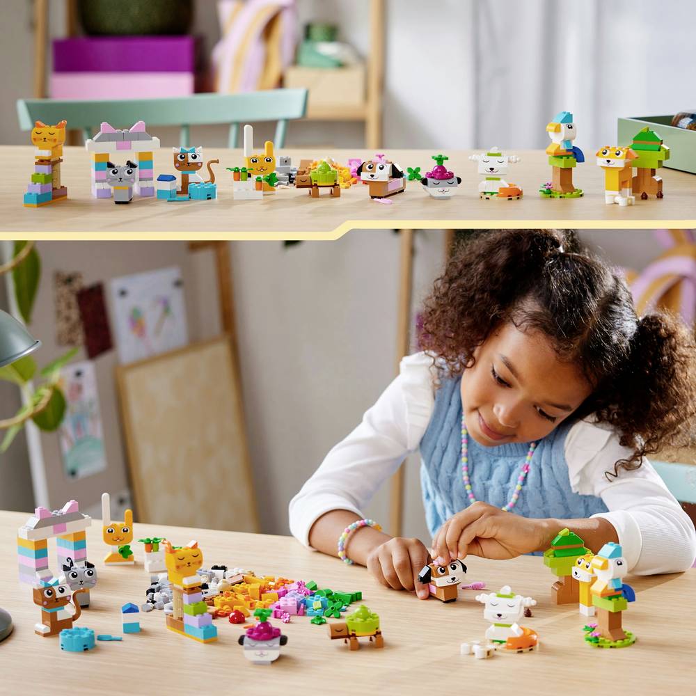 Child assembling LEGO animal building blocks on a table