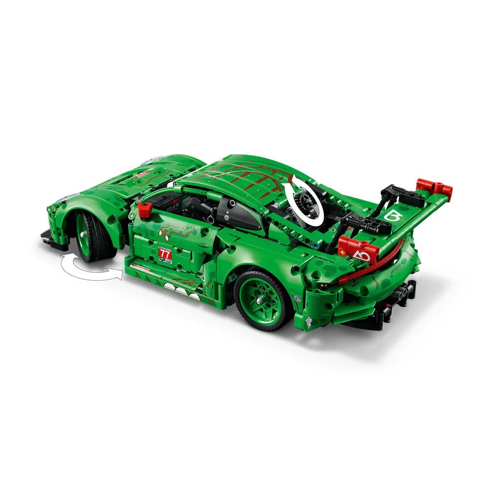 Green LEGO Technic Porsche 911 GT3 R race car model, front three-quarter view