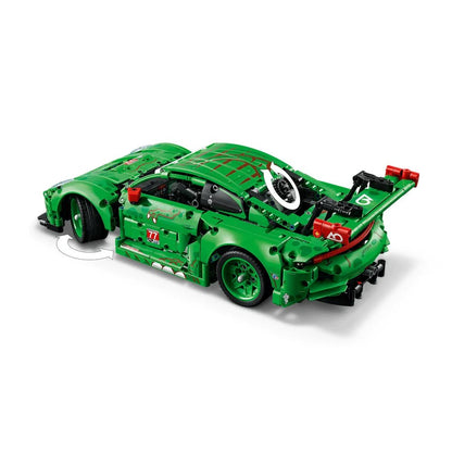 Green LEGO Technic Porsche 911 GT3 R race car model, front three-quarter view