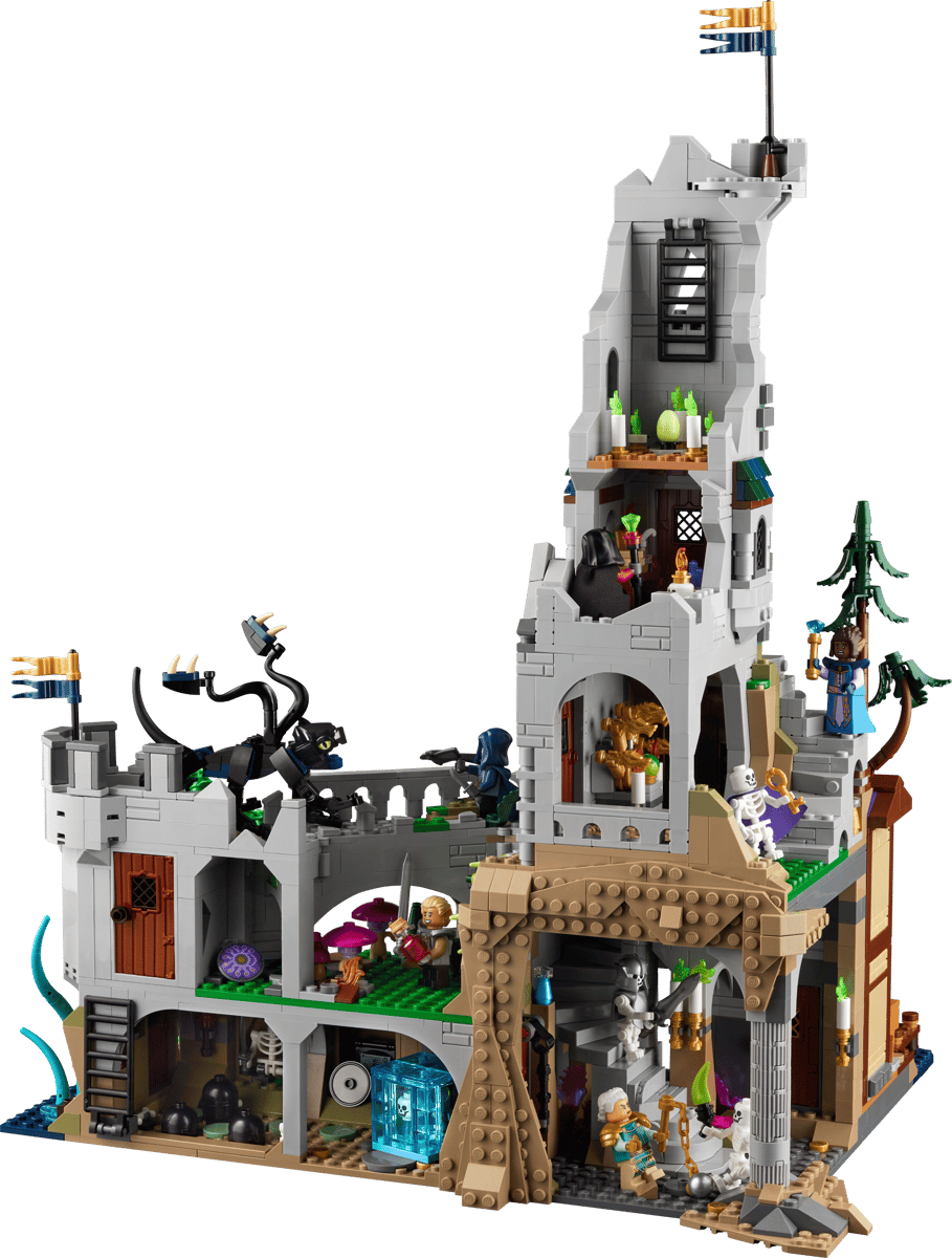 Red Dragon’s Tale castle build with gray towers, archways, fire inside, and figures