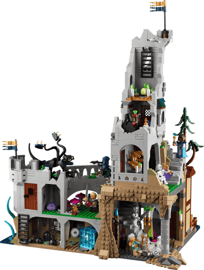 Red Dragon’s Tale castle build with gray towers, archways, fire inside, and figures