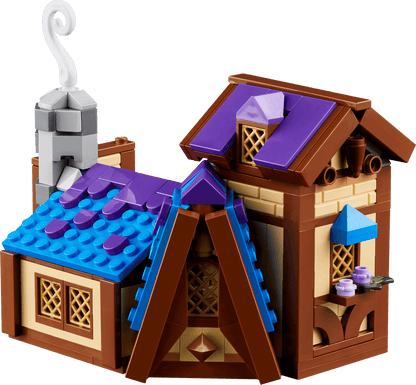Red Dragon’s Tale compact courtyard house with purple roof and blue entrance steps