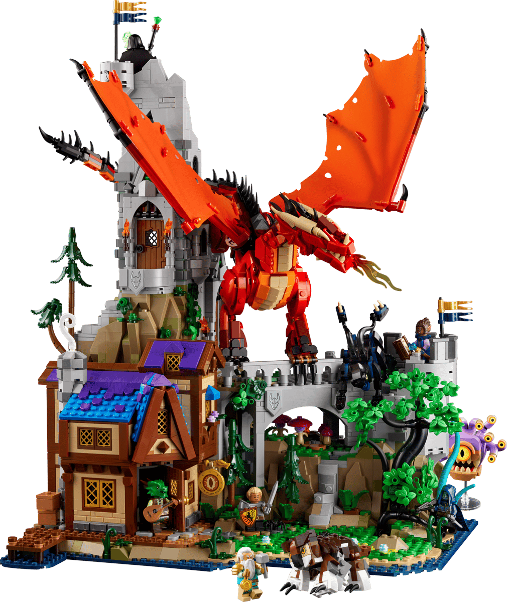 Red Dragon’s Tale LEGO dragon tower set with orange-red dragon and minifigures