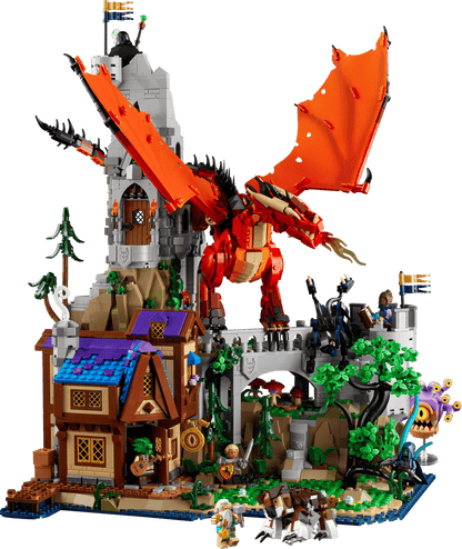 Red Dragon’s Tale LEGO dragon tower set with orange-red dragon and minifigures