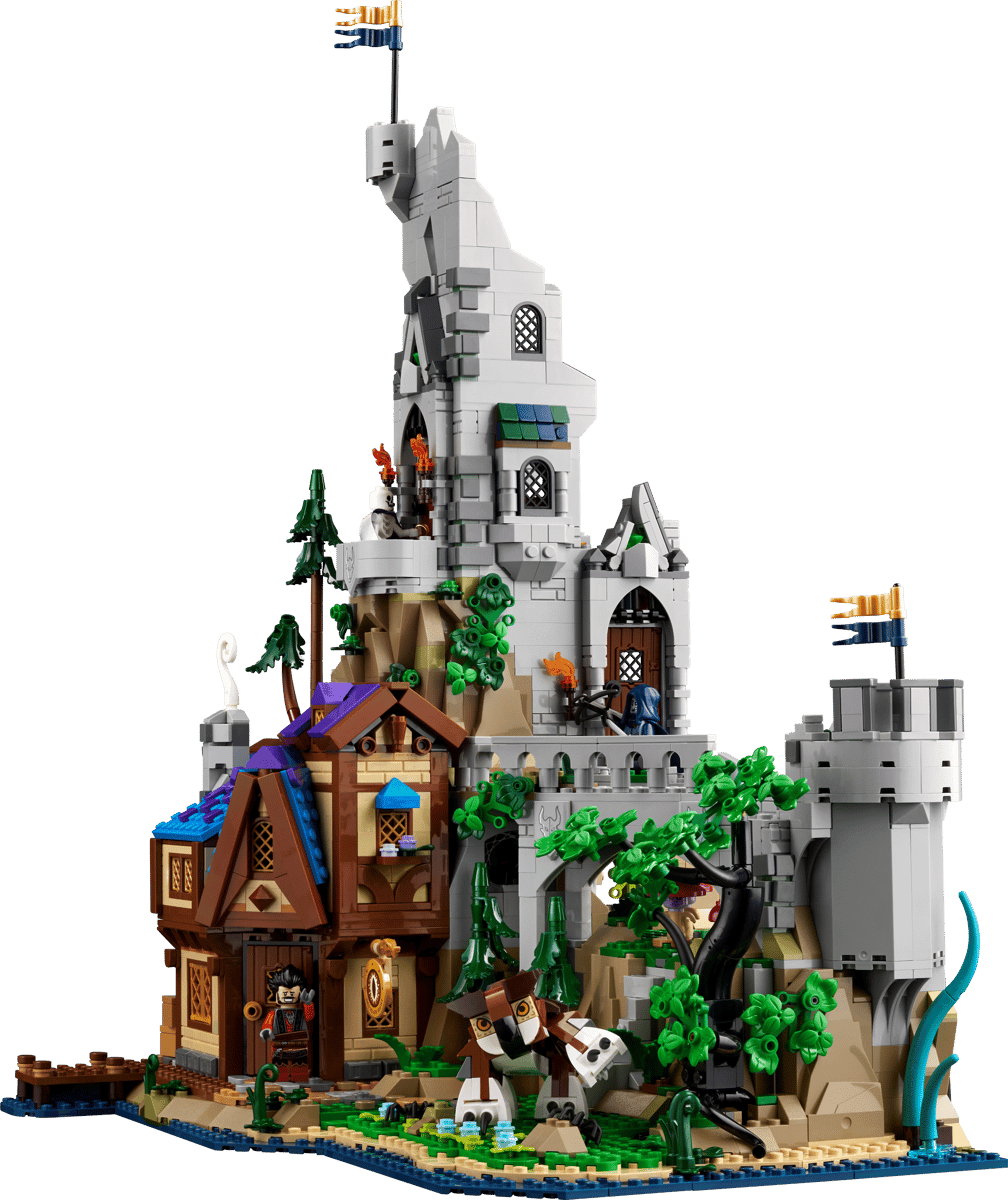 Red Dragon’s Tale LEGO tower with brown house, green vines, and dragon scene