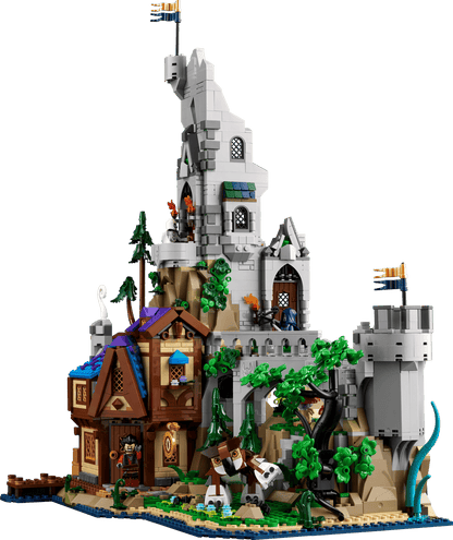 Red Dragon’s Tale LEGO tower with brown house, green vines, and dragon scene