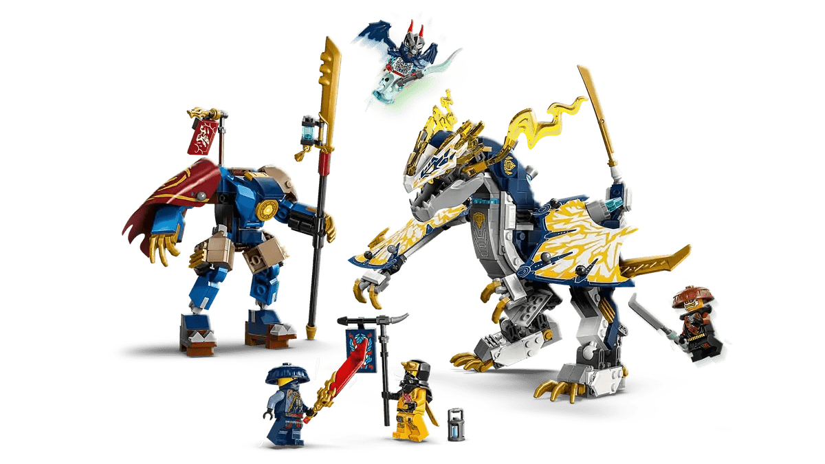 LEGO Drachenreiter-Mech mit Flügeln, gelbem Schildmuster und Reitfigur