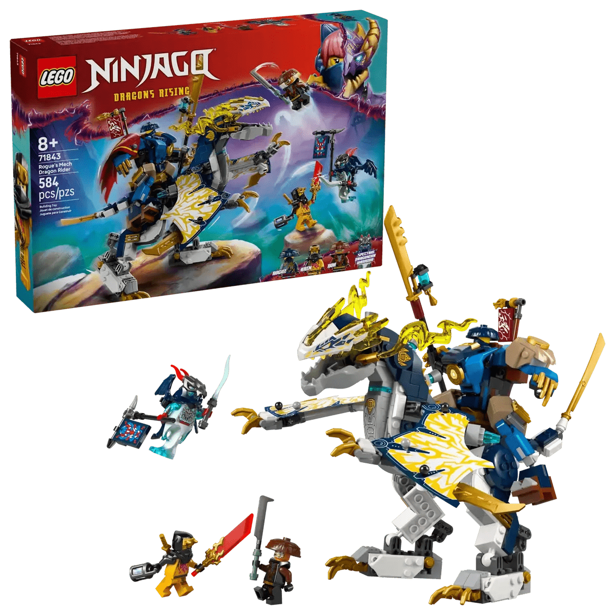 Rogue’s Mech Dragon Rider Set mit blau-gelbem Drachenreiter-Mech und Mini-Figuren