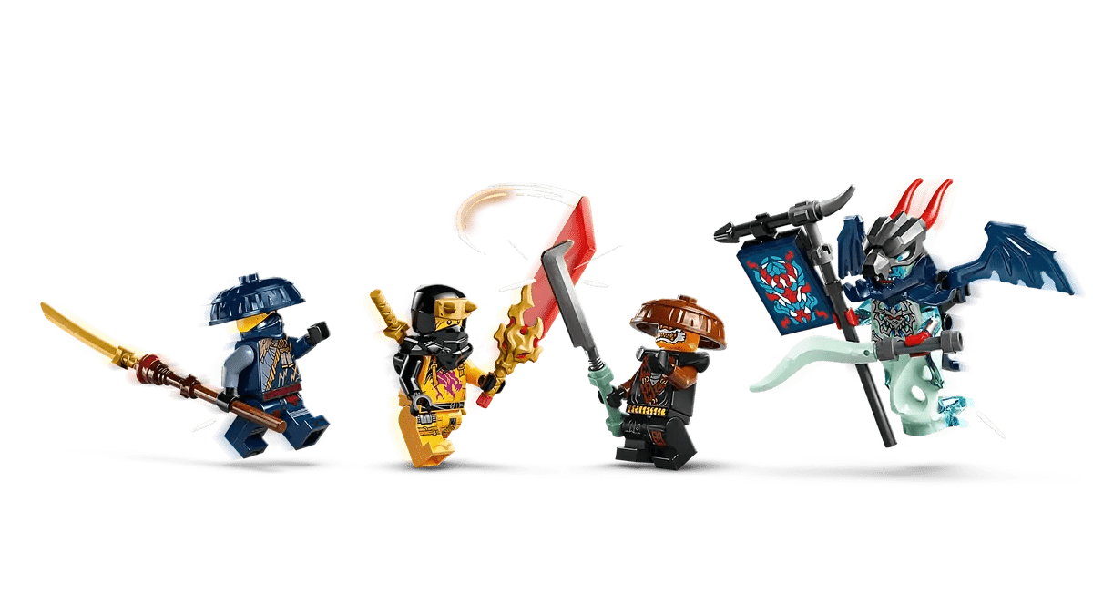 Rogue’s Mech Dragon Rider: Reiter, zwei Figuren im Kampf und kleiner Drache
