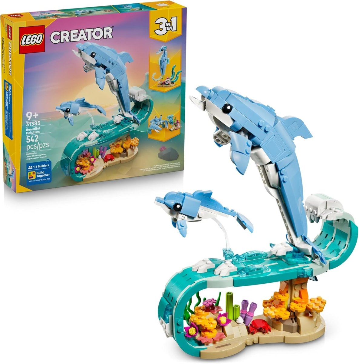 LEGO Creator 3-in-1 dolphins model set, blue dolphin build on ocean base