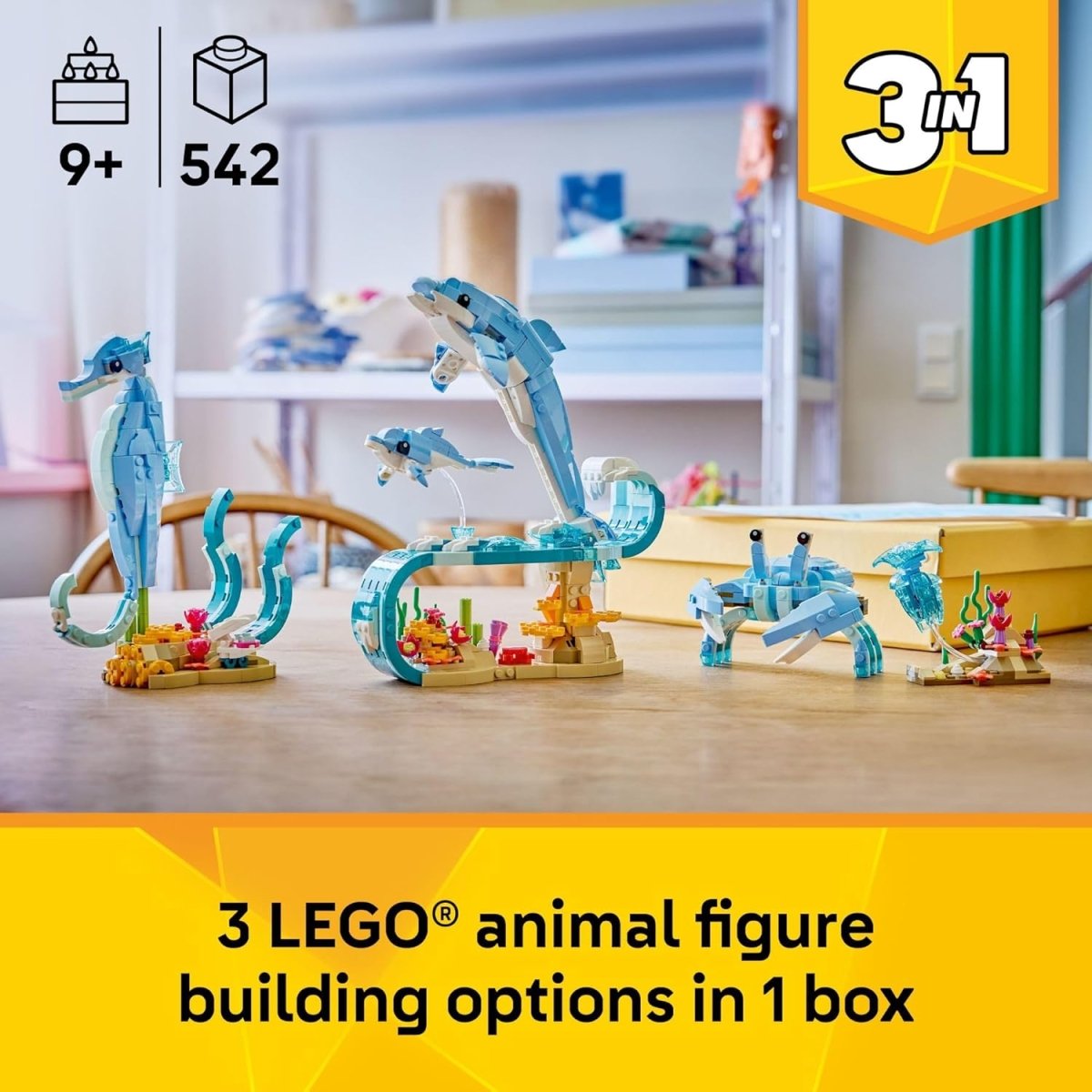 LEGO Creator 3-in-1 sea animal dolphin builds on bases, multiple models in set