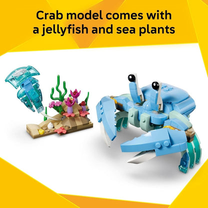 Blue LEGO sea crab build with jellyfish and sea plants, detailed brick model