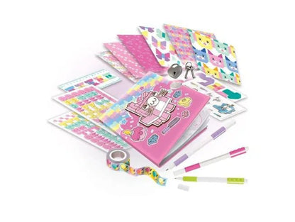 Secret Diary Set with pink notebook, stickers, colorful pencils and accessory cards