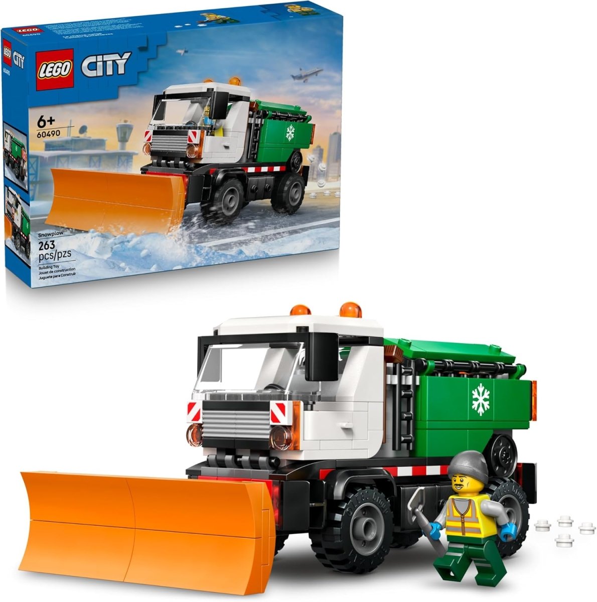LEGO City snowplow truck with orange plow blade, green back section and driver minifigure