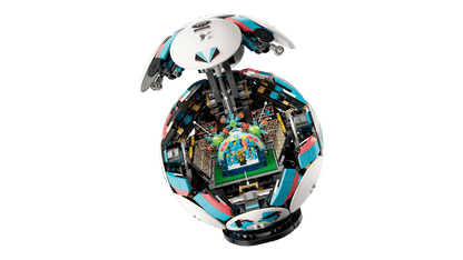 LEGO rotating soccer ball toy with exposed colorful interior on a black base