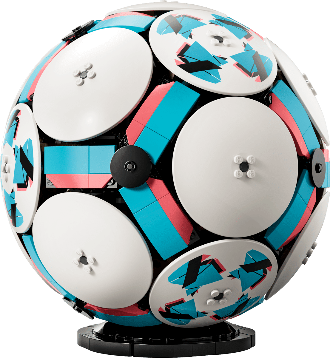 LEGO rotating soccer ball toy with four white outer discs and blue/red pattern