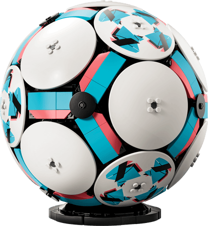 LEGO rotating soccer ball toy with four white outer discs and blue/red pattern