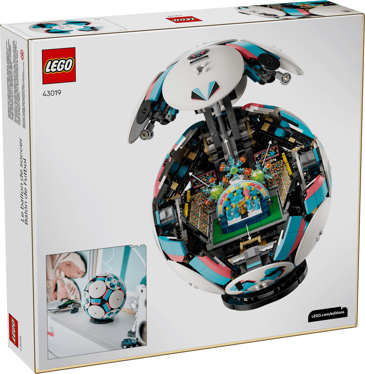 LEGO set box showing rotating soccer ball toy with white discs and colorful interior
