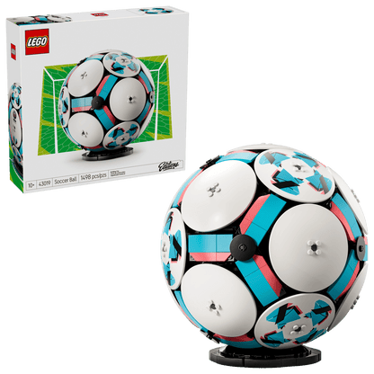 LEGO buildable rotating soccer ball toy with white outer discs and blue/red panels