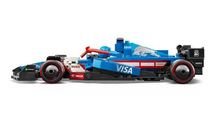 Side view blue F1 race car model with VISA logo and black rear wing