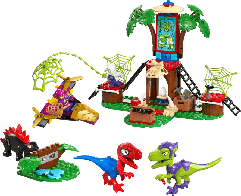 Assembled Spidey and Gobby raptor battle set with tall tower, ladder, and figures.
