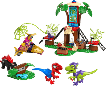 Assembled Spidey and Gobby raptor battle set with tall tower, ladder, and figures.