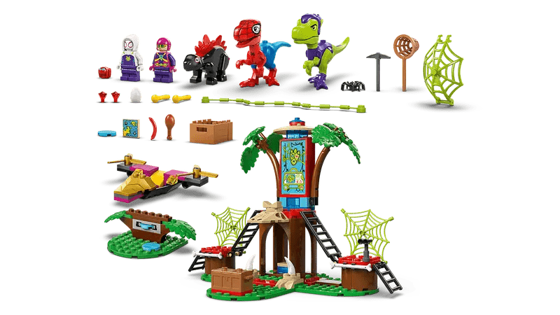 Spidey and Gobby raptor battle set contents with characters, web pieces, and tower build.