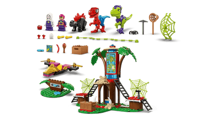 Spidey and Gobby raptor battle set contents with characters, web pieces, and tower build.