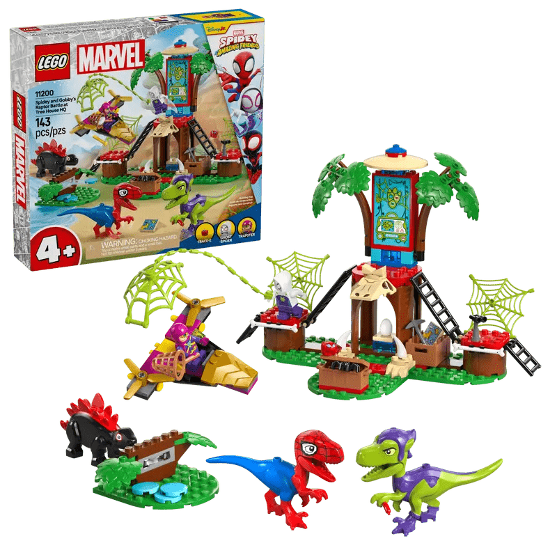 LEGO Marvel Spidey and Gobby raptor battle playset box, 143 pcs, ages 4+.