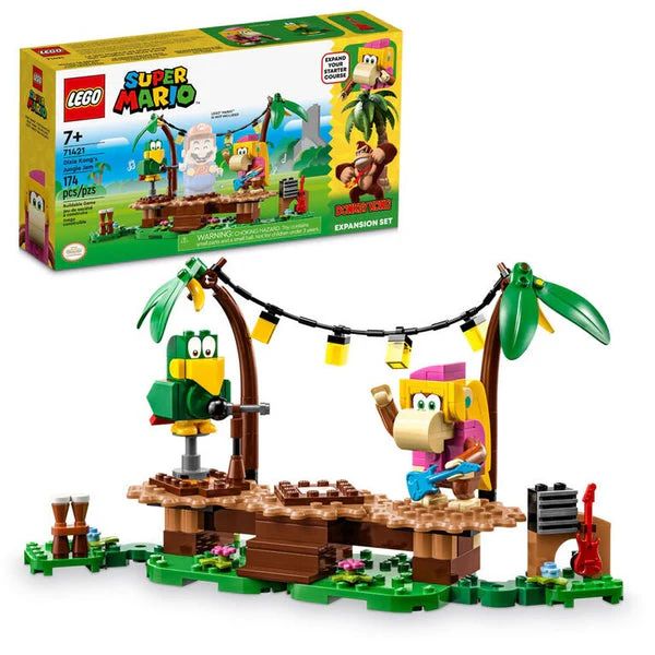 LEGO Super Mario Dixie Kong expansion set box and built island play scene with characters