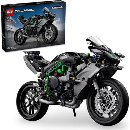 LEGO Technic Kawasaki bike set box art, black motorcycle with green Technic pieces