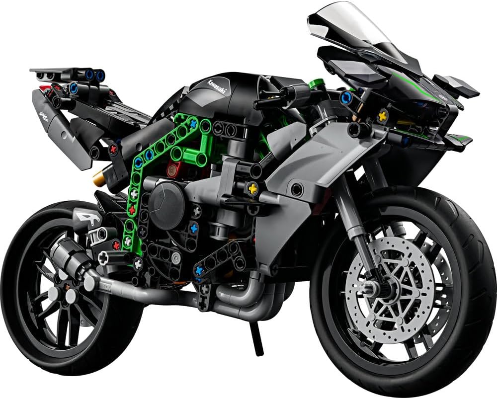 Assembled LEGO Technic Kawasaki motorcycle model, black and gray with green frame details