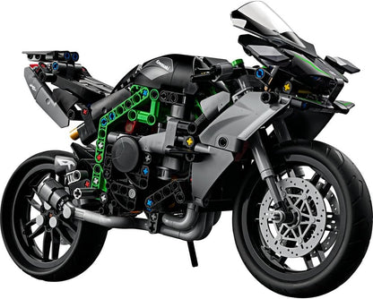 Assembled LEGO Technic Kawasaki motorcycle model, black and gray with green frame details