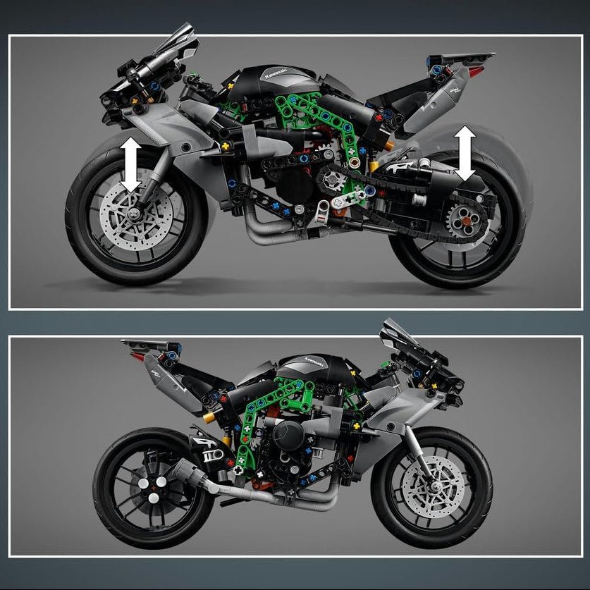 LEGO Technic Kawasaki motorcycle model collage, black and gray with green Technic panel