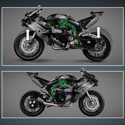 LEGO Technic Kawasaki motorcycle model collage, black and gray with green Technic panel