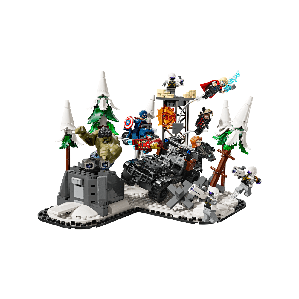 Assembled Age of Ultron LEGO build with mechs, minifigures, and snowy trees