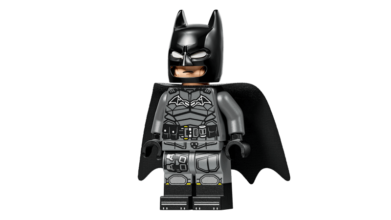 Batman-Minifigur mit schwarzem Umhang, Helm und sichtbaren Brustdetails