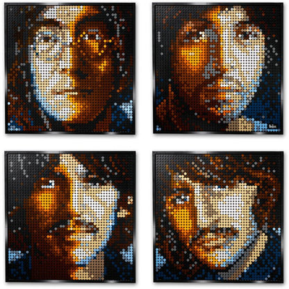 Four LEGO portrait brick-art pictures of The Beatles on a four-panel layout