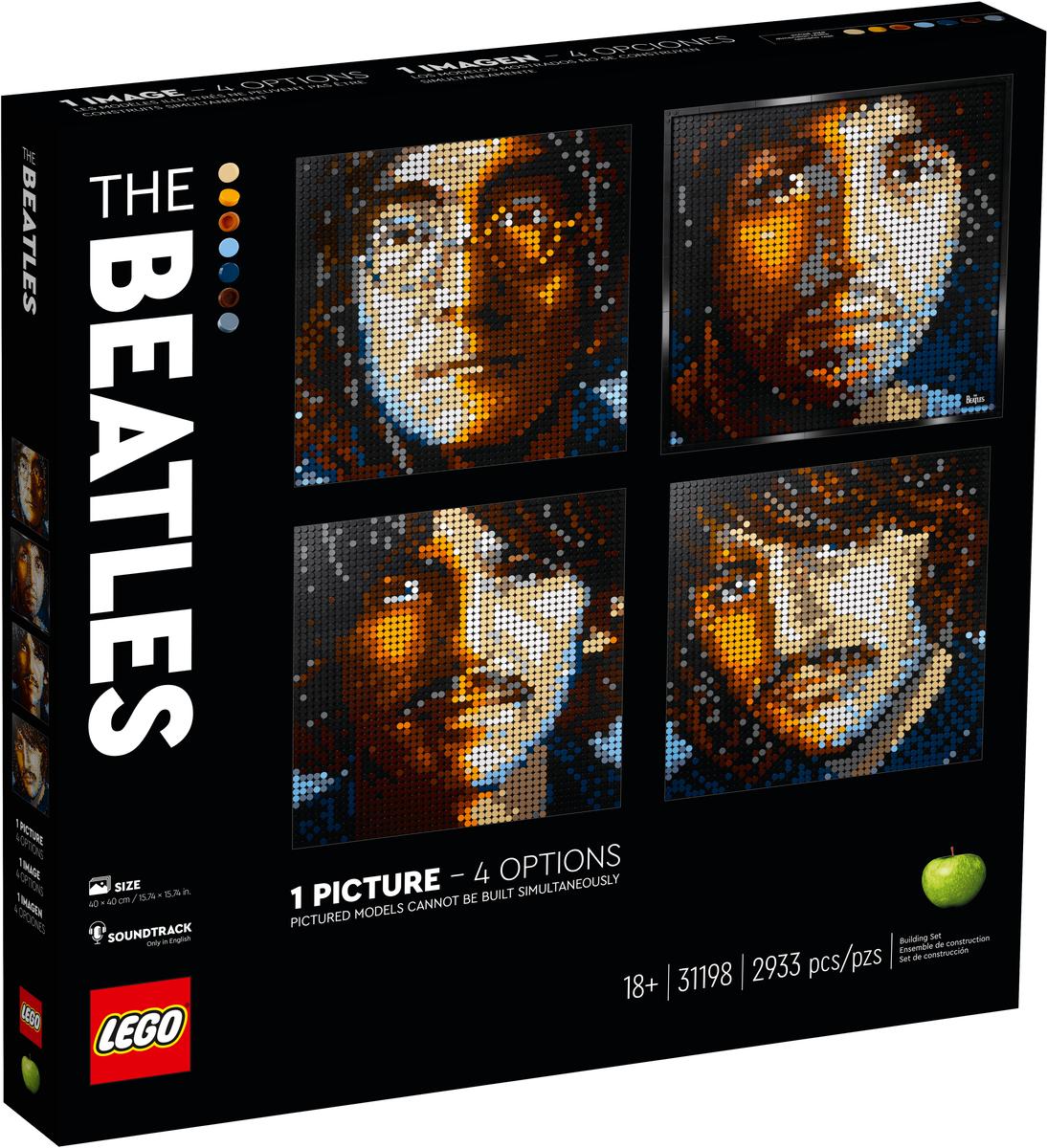 The Beatles Set building brick picture options box, featuring four portrait tile artworks