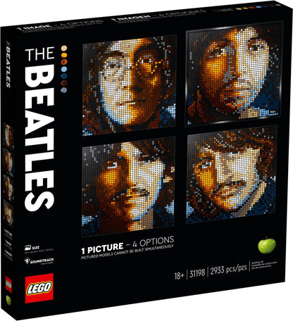 The Beatles Set building brick picture options box, featuring four portrait tile artworks