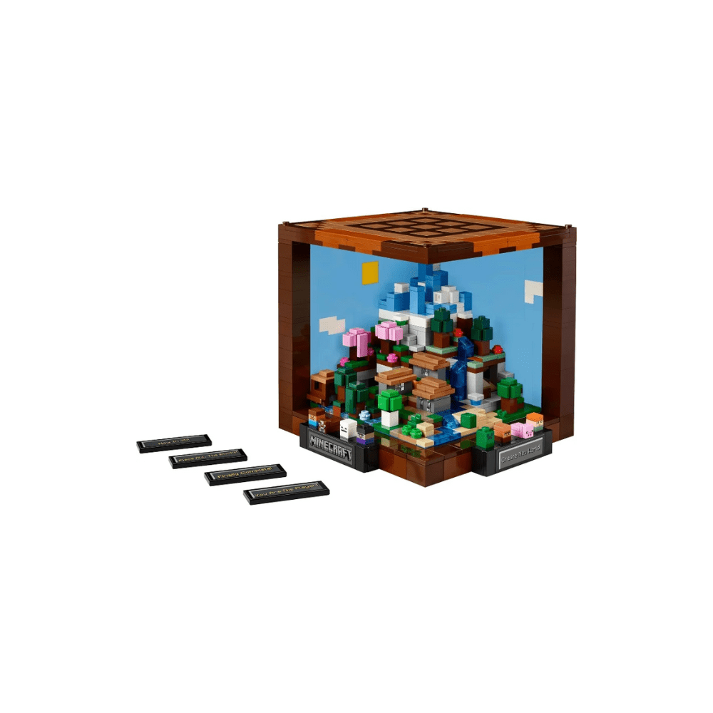 LEGO Minecraft crafting table build with colorful blocks, plus instruction tiles