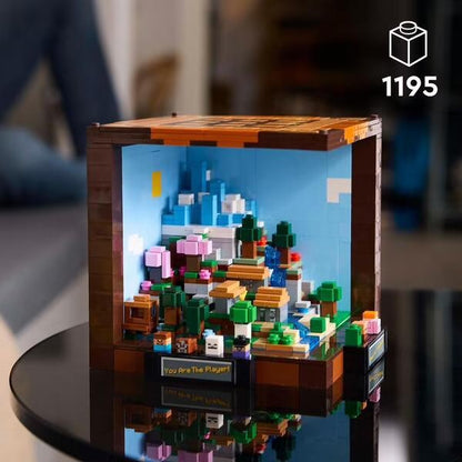 LEGO Minecraft crafting table display with colorful block scene inside frame