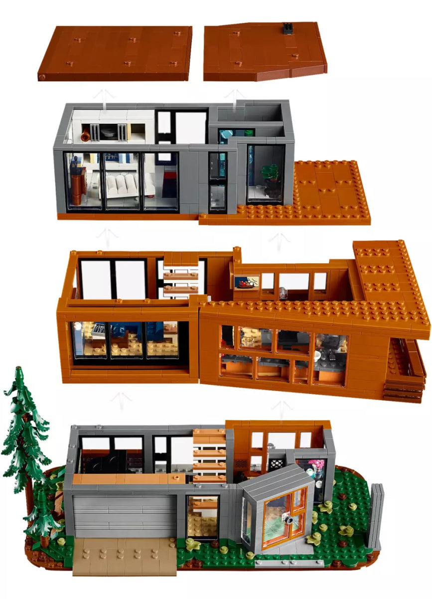 The Cullen House LEGO set with opened cutaway interior rooms and brown roof panels