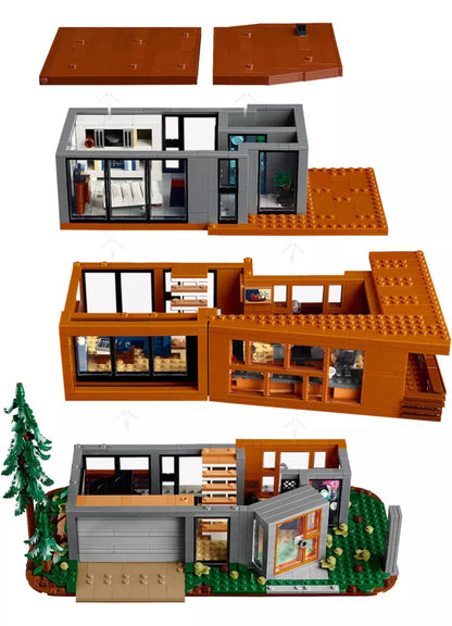 The Cullen House LEGO set with opened cutaway interior rooms and brown roof panels