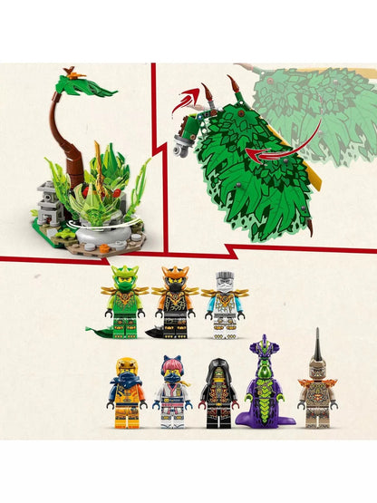 The Dragon of Life: grüner Drachen, mehrere Minifiguren und Zubehör auf Platte