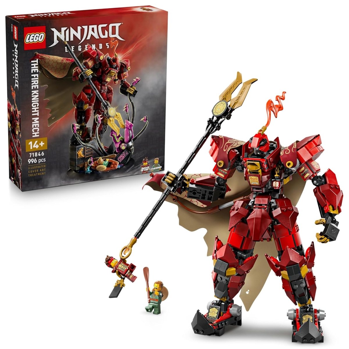 LEGO NINJAGO The Fire Knight Mech box, red build with flaming orange details, 796 pcs