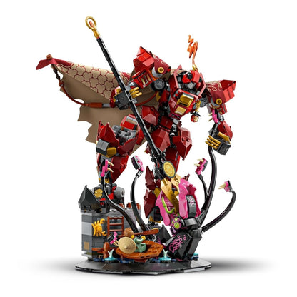 Fire Knight Mech rear view, red armor with gold emblem and dark cable-like tendrils
