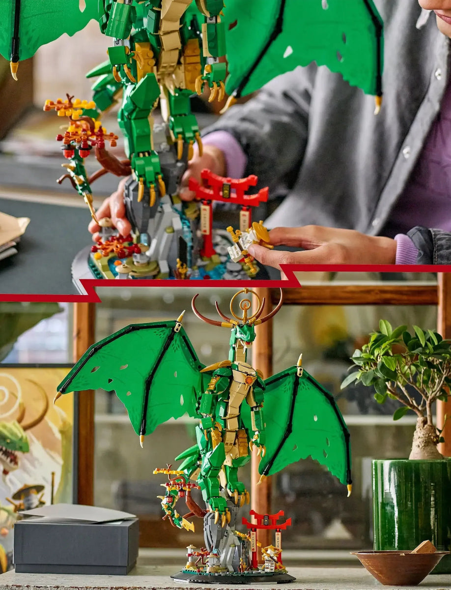 Guardian Dragon build details with green wings and small weapon accessories on base